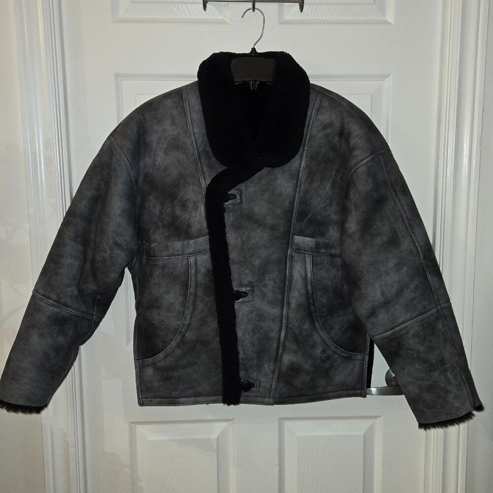 SANDRO Oversized Shearling Leather Jacket
